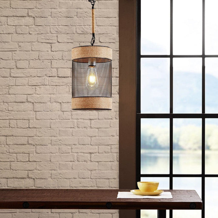 Pendant Light Orion Natural Rope and Metal Mesh Cylinder Pendant Natural/Black -Free Shipping by Bohemian Home Decor