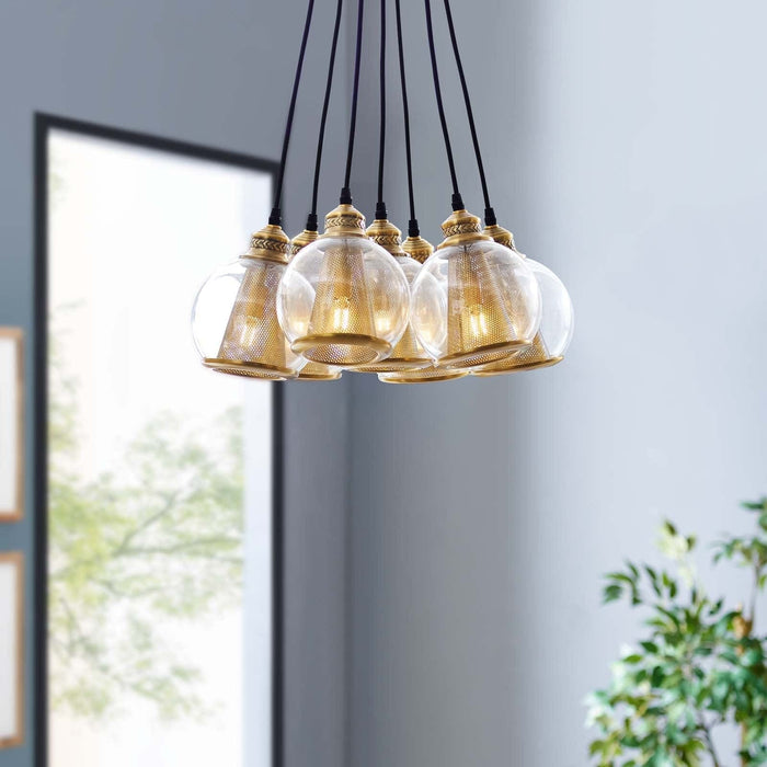 Peak Brass Cone and Glass Globe Cluster Pendant Chandelier | Bohemian Home Decor