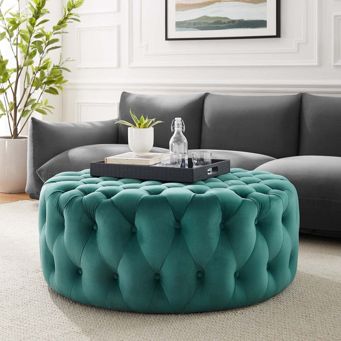 Amour Tufted Button Large Round Performance Velvet Ottoman | Bohemian Home Decor